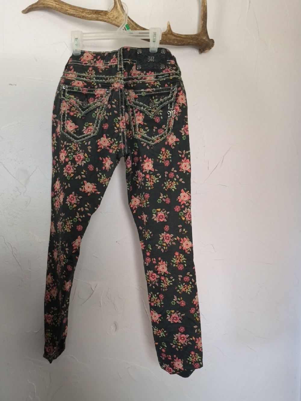 Miss Me Black Floral Skinny Jeans with Pink Roses